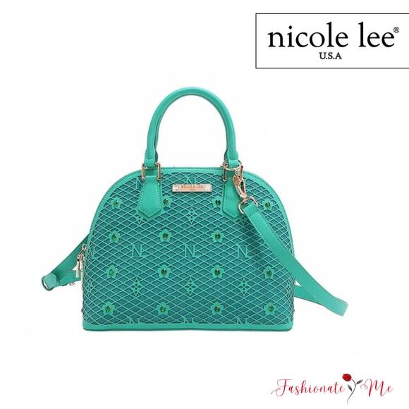 Nicole Lee USA Gracie Flower Pattern Pocket Vegan Leather Dome Satchel | Emerald - Picture 1 of 13